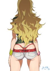 Rule 34 | 1girl, ass, back, bangle, belt, blonde hair, bracelet, clothes writing, commentary request, facing away, highleg, highleg panties, hoshii miki, idolmaster, idolmaster (classic), jewelry, long hair, micro shorts, panties, red panties, revision, short shorts, shorts, simple background, solo, suna (sandworks), thong, underwear, whale tail (clothing), white background
