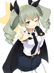 Rule 34 | 10s, 1girl, anchovy (girls und panzer), breasts, brown eyes, cape, drill hair, girls und panzer, green hair, hair ribbon, long hair, necktie, one eye closed, pantyhose, pointing, ribbon, school uniform, shirt, skirt, smile, solo, sui (tsuruhibiki), twin drills, twintails, white pantyhose