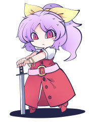 Rule 34 | 1girl, belt, blush, blush stickers, buttons, chahan (fried rice0614), closed mouth, dress, full body, highres, katana, light purple hair, long dress, long hair, loose belt, one-hour drawing challenge, ponytail, puffy short sleeves, puffy sleeves, red dress, red eyes, shirt, short sleeves, simple background, solo, sword, touhou, watatsuki no yorihime, weapon, white background, white shirt