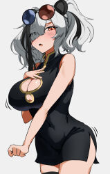 Rule 34 | 1girl, animal ears, arknights, bare shoulders, black dress, breasts, china dress, chinese clothes, cleavage, cleavage cutout, clothing cutout, cowboy shot, dress, ert raitsui, eyewear on head, feater (arknights), hair over one eye, highres, large breasts, multicolored hair, open mouth, orange eyes, panda ears, panda girl, round eyewear, simple background, solo, striped hair, two-tone hair, two side up