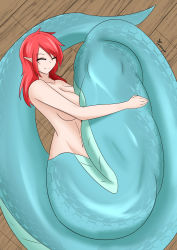 Rule 34 | 1girl, absurdres, breasts, curled up, closed eyes, highres, lamia, medium breasts, medium hair, monster girl, navel, nude, pointy ears, red hair, smile, solo, vore