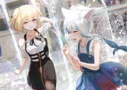 Rule 34 | 2girls, absurdres, animal ears, black dress, black pantyhose, black shirt, blonde hair, blouse, blue hair, cat ears, commentary, dress, english commentary, fins, fish tail, fountain, frilled shirt, frills, gawr gura, gawr gura (casual), highres, hololive, hololive english, kabedoru, multicolored hair, multiple girls, pantyhose, purple dress, shark tail, shirt, side ponytail, streaked hair, suspenders, tail, virtual youtuber, watson amelia, watson amelia (street casual), white hair, white shirt, zipper skirt