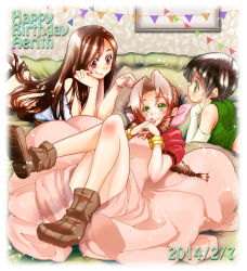 Rule 34 | 3girls, aerith gainsborough, bangle, bare arms, bare legs, bare shoulders, black hair, blush, boots, bracelet, brown eyes, brown footwear, brown hair, crop top, cropped jacket, curly hair, dress, elbow gloves, final fantasy, final fantasy vii, full body, gloves, green eyes, green skirt, hair between eyes, hair ribbon, hands on own chest, happy birthday, head on hand, indoors, jacket, jewelry, leaf print, legs up, long dress, long hair, looking at another, lying, multiple girls, on back, on stomach, own hands clasped, own hands together, parted bangs, party, picture frame, pink dress, pink ribbon, puffy short sleeves, puffy sleeves, red eyes, red jacket, ribbon, shirt, short hair, short sleeves, sidelocks, skirt, sleeveless, sleeveless turtleneck, smile, square enix, straight hair, tifa lockhart, torimeiro, turtleneck, wallpaper (object), white gloves, white shirt, yuffie kisaragi