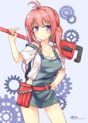 Rule 34 | 1girl, ahoge, artist name, belt, blush, breasts, cleavage, gears, hand on own hip, highres, long hair, original, overalls, pink eyes, red hair, signature, solo, strap slip, terras, twintails, wrench