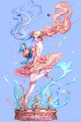 Rule 34 | 1girl, absurdres, artist name, backless dress, backless outfit, ballet slippers, blonde hair, blue background, blue hair, blush, bow, breasts, carousel, circle skirt, dated, dress, dress bow, dress flower, fantasy, flower, hair flower, hair ornament, hand fan, highres, long hair, looking at viewer, mucuzi, multicolored hair, pantyhose, parted lips, pink bow, pink dress, pink footwear, pink hair, simple background, small breasts, standing, standing on one leg, tiptoes, twintails, watermark, white pantyhose, yellow eyes
