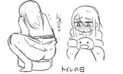 Rule 34 | 1girl, ass, barefoot, blush, character request, closed mouth, clothes lift, copyright request, embarrassed, female focus, from behind, full body, greyscale, half-closed eyes, japanese text, long hair, long sleeves, looking down, lowres, miniskirt, monochrome, multiple views, nose blush, potty, shirt, simple background, sketch, skirt, skirt lift, squatting, sweat, tako238, toilet use, translation request, white background