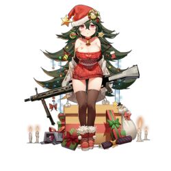 Rule 34 | 1girl, ameli (girls&#039; frontline), ameli (little gift tree) (girls&#039; frontline), bare shoulders, bell, black gloves, blush stickers, boots, bow, box, box hair ornament, breasts, brown thighhighs, candle, cardboard box, cardigan, cetme ameli, choker, christmas, christmas ornaments, christmas star, cleavage, colored shoe soles, crossed bangs, detached sleeves, dinergate (girls&#039; frontline), elbow gloves, full body, fur-trimmed boots, fur trim, gift, gift bag, gift box, girls&#039; frontline, gloves, green hair, hair bell, hair bow, hair ornament, hat, large breasts, long hair, looking at viewer, multiple hair bows, neck bell, non-humanoid robot, off shoulder, official alternate costume, official art, parted lips, red bow, red choker, red eyes, red footwear, red sweater, robot, sangvis ferri, santa hat, scope, simple background, skindentation, sleeveless, sleeveless sweater, snowman, solo, standing, star (symbol), star hair ornament, sweater, thighhighs, transparent background, very long hair, waterkuma, white bag, white cardigan