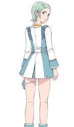 Rule 34 | 00s, 1girl, ankle boots, annkoku daimaou, aqua hair, blue eyes, blue hair, boots, buttons, choker, dress, eureka (eureka seven), eureka seven, eureka seven (series), expressionless, from behind, green hair, grey eyes, hair ornament, hairclip, holster, human highlight film, jewelry, kneepits, legs, looking at viewer, looking back, matching hair/eyes, neck ring, necklace, pouch, purple eyes, short dress, short hair, simple background, solo, standing, thigh holster, thigh strap, white background