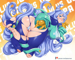 Rule 34 | 1girl, :t, artist name, ass, ass grab, bayeuxman, blue bodysuit, blue eyes, blue hair, blush, bodysuit, boku no hero academia, breasts, butt crack, cleft of venus, covered erect nipples, feet, gloves, grabbing own ass, hadou nejire, huge ass, large breasts, long hair, looking at viewer, looking back, partially visible vulva, pout, skin tight, solo, thick thighs, thighs, torn bodysuit, torn clothes, very long hair, yellow gloves