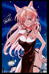 Rule 34 | 1girl, absurdres, animal ears, arknights, bare arms, bare shoulders, black dress, breasts, cleavage, collar, commentary request, cowboy shot, dress, highres, large breasts, long hair, looking at viewer, night, night sky, official alternate costume, outdoors, pink eyes, pink hair, pom pom (clothes), pozyomka (arknights), pozyomka (snowy plains in words) (arknights), sky, smile, solo, standing, strapless, strapless dress, tail, thigh strap, very long hair, wolf ears, yuantianxiaoer