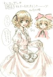 Rule 34 | 00s, 1girl, :d, aged up, alternate costume, arrow (symbol), blonde hair, bow, carrying, clothes lift, dress, haru (primavera), hat, hat bow, hinaichigo, jpeg artifacts, long sleeves, open mouth, pale color, pink bow, rozen maiden, short hair, simple background, sketch, skirt, skirt lift, smile, solo, white background, white dress