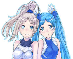 Rule 34 | 2girls, bare shoulders, blonde hair, blue eyes, blue hair, cocoroten, fur trim, grin, hair ornament, hairclip, highres, idunn &amp; idunna, long hair, multiple girls, open mouth, ponytail, puzzle &amp; dragons, sleeveless, smile, twintails