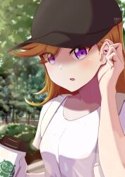Rule 34 | 1girl, black hat, breasts, commentary, commentary request, cup, disposable cup, drink, english commentary, hat, highres, holding, holding cup, holding drink, looking at viewer, love live!, love live! superstar!!, medium breasts, mixed-language commentary, ninben (ninben 2892), orange hair, outdoors, parted lips, purple eyes, shibuya kanon, shirt, solo, tucking hair, upper body, white shirt