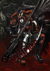Rule 34 | 1girl, armor, asymmetrical clothes, belt, blood, boots, breastplate, chain, collar, crown, demon, gloves, glowing, glowing eyes, green eyes, hand on own face, hat, high heels, jester cap, lipstick, long hair, looking at viewer, makeup, monster, open mouth, original, pale skin, red hair, robe, scythe, shoes, shonensan, sitting, skull, tattoo, thighhighs, throne, weapon