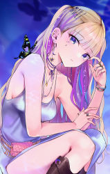 Rule 34 | 1girl, bare arms, bare shoulders, blonde hair, blue eyes, bracelet, breasts, bug, butterfly, butterfly on shoulder, commentary request, dress, feet out of frame, grey dress, hand up, highres, insect, jewelry, looking at viewer, medium breasts, mirei, multicolored hair, necklace, original, purple hair, ring, sitting, solo, spaghetti strap