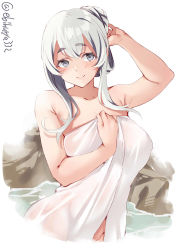 Rule 34 | 1girl, blush, breasts, closed mouth, ebifurya, folded ponytail, grey eyes, hair between eyes, highres, kamoi (kancolle), kantai collection, large breasts, long hair, looking at viewer, naked towel, navel, one-hour drawing challenge, onsen, rock, sidelocks, simple background, smile, solo, towel, twitter username, water, white background, white hair, white towel