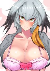 Rule 34 | 10s, 1girl, black hair, bra, breasts, cleavage, closed mouth, collared shirt, grey shirt, head wings, highres, kemono friends, large breasts, long hair, multicolored hair, open clothes, open shirt, orange hair, pink bra, sankakusui, shiny skin, shirt, shoebill (kemono friends), side ponytail, silver hair, silver shirt, solo, underwear, upper body, wings, yellow eyes
