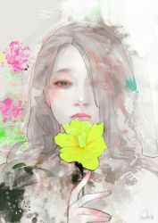 Rule 34 | 1girl, cleaned, close-up, closed mouth, flower, flower request, hair over one eye, holding, holding flower, ishida sui, long hair, looking at viewer, signature, solo, tokyo ghoul, washuu iyo