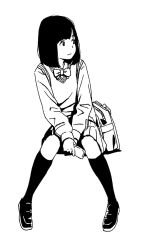 Rule 34 | 1girl, bow, bowtie, closed mouth, commentary request, full body, greyscale, highres, holding, holding phone, hosoo, kneehighs, loafers, long sleeves, looking to the side, monochrome, original, phone, pleated skirt, shirt, shoes, short hair, skirt, socks, solo, v arms, vest