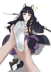 Rule 34 | 1girl, ?, absurdres, animal ears, arknights, black hair, dog ears, feet, fingerless gloves, gloves, highres, holding another&#039;s foot, long hair, looking at viewer, no shoes, open mouth, red eyes, saga (arknights), socks, soles, sword, tabi, toes, weapon