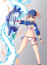 Rule 34 | 1girl, artoria pendragon (fate), baseball cap, bikini, blonde hair, blue eyes, blue hat, breasts, cleavage, cross (crossryou), facing viewer, fate/grand order, fate (series), gradient background, hair through headwear, hat, highres, holding, holding lance, holding polearm, holding weapon, lance, legs apart, medium breasts, mysterious heroine x (fate), mysterious heroine xx (fate), open mouth, polearm, ponytail, short hair, shrug (clothing), side-tie bikini bottom, solo, standing, swimsuit, thigh strap, twinmyniad (fate), weapon, white bikini, wristband