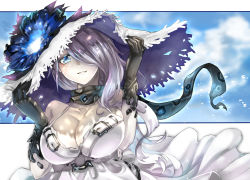Rule 34 | 10s, 1girl, abyssal ship, artist name, bare shoulders, blue eyes, blue sky, breasts, cleavage, cleavage cutout, clothing cutout, cloud, colored skin, commentary request, day, dress, flower, gloves, glowing, grey hair, hair over one eye, hands on headwear, hands up, hat, hat flower, holding, holding clothes, holding hat, hole, kantai collection, kito (kito2), large breasts, long hair, looking at viewer, off shoulder, scarf, seaport summer princess, shadow, sketch, sky, smile, solo, spaghetti strap, sun hat, sundress, tears, upper body, white dress, white skin