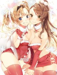 Rule 34 | 10s, 2girls, asymmetrical bangs, asymmetrical docking, bare shoulders, beatrix (granblue fantasy), bell, blonde hair, blue eyes, blush, breast press, breasts, brown eyes, brown hair, christmas, cleavage, collar, collarbone, commentary, fur collar, granblue fantasy, grin, hairband, ikeya, large breasts, long hair, looking at viewer, medium breasts, merry christmas, miniskirt, multiple girls, neck bell, ponytail, red ribbon, ribbon, santa costume, short shorts, shorts, skirt, smile, teeth, thighhighs, twintails, zeta (granblue fantasy)
