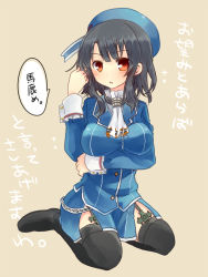 Rule 34 | 10s, 1girl, beret, black hair, breast hold, breasts, full body, garter straps, hat, kantai collection, large breasts, looking at viewer, nagasioo, parted lips, red eyes, serious, short hair, side slit, sitting, skin tight, solo, takao (kancolle), translation request, wariza