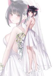 Rule 34 | 1girl, absurdres, alternate costume, animal ears, back, backless dress, backless outfit, bare shoulders, black hair, blue archive, blush, bob cut, bouquet, breasts, bridal veil, cat ears, choker, colored inner hair, dress, flower, from side, full body, hair ornament, hairclip, halo, high heels, highres, holding, holding bouquet, kazusa (blue archive), large breasts, looking at viewer, multicolored hair, pink eyes, pink hair, raki kr, short hair, shoulder blades, sideboob, simple background, solo, standing, two-tone hair, veil, wedding dress, white background, white choker, white dress, white footwear