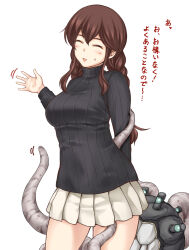 Rule 34 | 1girl, abyssal ship, alternate costume, black sweater, braid, breasts, brown hair, closed eyes, enemy naval mine (kancolle), highres, kantai collection, large breasts, long hair, long sleeves, miniskirt, noshiro (kancolle), pleated skirt, simple background, skirt, standing, suda (yuunagi enikki), sweater, swept bangs, tentacles, translation request, turtleneck, turtleneck sweater, twin braids, waving, white background, white skirt