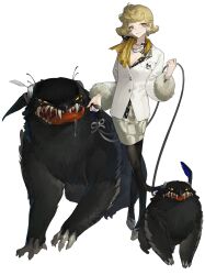 Rule 34 | 1girl, black pantyhose, blonde hair, earrings, fangs, full body, fur-trimmed sleeves, fur trim, grin, highres, holding, holding leash, jacket, jewelry, leash, looking at viewer, medium hair, monster, ms. newbabel, official art, pantyhose, pencil skirt, reverse:1999, saliva, scarf, shoes, skirt, smile, solo, standing, tachi-e, third-party source, transparent background, white footwear, white jacket, white skirt, yellow eyes, yellow scarf