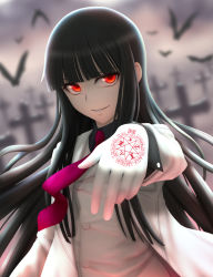 Rule 34 | 1girl, alucard (hellsing), animal, arm up, bird, black hair, black shirt, blurry, blurry background, buttons, collared shirt, copyright name, cross, crow, girlycard, gloves, graveyard, head tilt, hellsing, highres, jacket, long hair, long sleeves, looking at viewer, necktie, outstretched arm, parted lips, pink necktie, red eyes, shirt, siraha, smile, solo, star (symbol), very long hair, white gloves, white jacket, wing collar