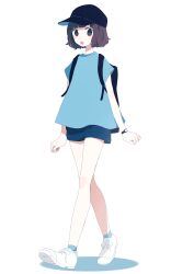 Rule 34 | 1girl, :o, backpack, bag, bare legs, baseball cap, black bag, black hat, blue shirt, blue shorts, blue socks, brown eyes, brown hair, commentary request, full body, hair ornament, hairclip, hat, highres, looking at viewer, maco22, open mouth, original, shirt, shoes, short hair, short sleeves, shorts, simple background, sneakers, socks, solo, standing, tachi-e, walking, watch, white background, white footwear, wristwatch