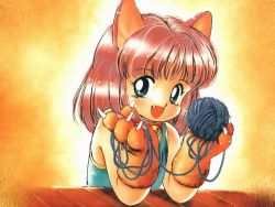 Rule 34 | 1girl, animal ears, animal hands, byunbyun house, cat ears, cat paws, fang, solo, tsuzuki kazuhiko, yarn, yarn ball