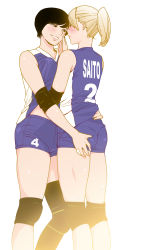 Rule 34 | 2girls, absurdres, ass grab, bandages, bandaged fingers, bandages, black hair, blonde hair, blush, commentary request, elbow pads, eyebrows hidden by hair, hand under clothes, highres, kishi torajirou, knee pads, multiple girls, original, sportswear, standing, volleyball uniform, yuri