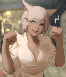 Rule 34 | 1girl, absurdres, animal ears, aqua eyes, warrior of light (ff14), blurry, blurry background, breasts, buttons, cat ears, cleavage, collarbone, dark-skinned female, dark skin, dress shirt, facial mark, fangs, final fantasy, final fantasy xiv, frenchvanillu, hands up, highres, looking at viewer, medium breasts, medium hair, miqo&#039;te, open mouth, parted bangs, partially unbuttoned, paw pose, plunging neckline, shirt, short hair, silver hair, smile, solo, upper body, whisker markings