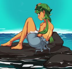 Rule 34 | 1girl, bad id, bad pixiv id, bare back, barefoot, blush, breasts, commission, creatures (company), from behind, game freak, green eyes, green hair, highres, long hair, looking at viewer, looking back, low twintails, lying, mallow (pokemon), nintendo, nipple slip, nipples, nose blush, ocean, overall shorts, overalls, pokemon, pokemon (anime), pokemon sm, pokemon sm (anime), polyle, rock, shorts, solo, tan, tanline, topless, trial captain, twintails