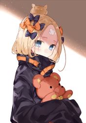 Rule 34 | 1girl, abigail williams (fate), abigail williams (traveling outfit) (fate), bad id, bad pixiv id, black bow, black jacket, blonde hair, blue eyes, blush, bow, closed mouth, commentary request, crossed bandaids, fate/grand order, fate (series), hair bow, hair bun, hasegawa (rarairairai), head tilt, highres, jacket, long hair, long sleeves, looking at viewer, hugging object, official alternate costume, orange bow, parted bangs, polka dot, polka dot bow, single hair bun, sleeves past fingers, sleeves past wrists, solo, stuffed animal, stuffed toy, teddy bear, white background