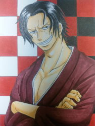 Rule 34 | 1boy, alternate costume, checkered background, crossed arms, freckles, japanese clothes, male focus, one piece, portgas d. ace, rascal (fc3srx-75480), smile, solo