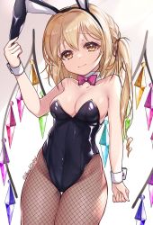 Rule 34 | 1girl, alternate costume, animal ears, artist name, bare shoulders, black leotard, blonde hair, bow, bowtie, breasts, brown eyes, cleavage, closed mouth, collarbone, commentary request, crystal, detached collar, fake animal ears, fishnet pantyhose, fishnets, flandre scarlet, gradient background, grey background, hand up, haruki (colorful macaron), highres, leotard, looking at viewer, medium breasts, medium hair, one side up, pantyhose, pink bow, pink bowtie, playboy bunny, rabbit ears, raised eyebrows, simple background, solo, strapless, strapless leotard, touhou, wings, wrist cuffs