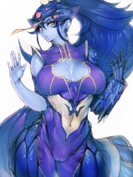 Rule 34 | 1girl, alternate costume, blue skin, breasts, cleavage, colored skin, covered erect nipples, covered navel, earrings, eyewear on head, fumio (rsqkr), gauntlets, highres, jewelry, large breasts, lips, long hair, looking at viewer, overwatch, overwatch 1, ponytail, simple background, solo, sunglasses on head, visor, white background, wide hips, widowmaker (overwatch), yellow eyes