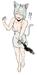 Rule 34 | 1girl, :d, animal ears, bare arms, bare legs, bare shoulders, barefoot, breasts, cat ears, cat tail, cleavage, dot nose, dress, closed eyes, eyes visible through headwear, facing viewer, fangs, full body, giving, grey dress, grey hair, hair over one eye, highres, holding, large breasts, open mouth, original, sankomichi, simple background, smile, solo, tail, white background