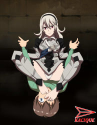 Rule 34 | 1boy, 1girl, artist name, barefoot, blue eyes, brown hair, closed mouth, corrin (female) (fire emblem), corrin (fire emblem), feet, fire emblem, fire emblem fates, fire emblem if, grey hair, hairband, highres, indoors, kacique, long hair, nintendo, one eye closed, open mouth, panties, red eyes, short hair, slit pupils, toes, underwear