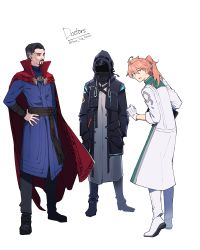 Rule 34 | 1other, 2boys, absurdres, ahoge, arknights, beard, black coat, black eyes, black footwear, black hair, black pants, blue robe, brown sash, cape, chaldea uniform, closed mouth, coat, collared cape, crossover, doctor (arknights), doctor strange, doctor strange (series), english text, faceless, facial hair, fate/grand order, fate (series), from behind, full body, gloves, green eyes, hand on own hip, hands in pockets, highres, holding, holding tablet pc, hood, hood up, hooded coat, house tag denim, korean commentary, looking ahead, looking at viewer, looking back, multiple boys, open mouth, orange hair, pants, ponytail, red cape, robe, romani archaman, simple background, sleeves rolled up, standing, sweatdrop, tablet pc, trait connection, twitter username, undercut, white background, white coat, white footwear, white gloves, white pants, white robe