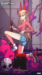 Rule 34 | 1girl, animated, ass, blonde hair, blood, boots, carrying, chainsaw man, clothes, demon girl, demon horns, denim, denim shorts, diives, english text, hand on own hip, hands on own ass, highres, horns, kneeling, leg up, long hair, looping animation, orange eyes, power (chainsaw man), red shirt, rubbing ass, shirt, shorts, skull, solo, standing, standing on one leg, tagme, thighs, unusual pupils, video, watermark, weapon