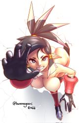 Rule 34 | 1girl, armor, armored gloves, ass, bare shoulders, black hair, boots, breasts, crack, cracked glass, earrings, functionally nude, hair ornament, highres, jewelry, large breasts, leaning forward, long hair, long pointy ears, looking at viewer, multicolored hair, nipples, pchaos720 (bananagaari), pointy ears, shantae (series), shantae and the seven sirens, white hair, zapple (shantae)