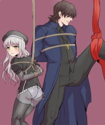 Rule 34 | 1boy, 1girl, ass, bad id, bad pixiv id, bdsm, blush, bondage, bound, brown hair, caren hortensia, cassock, cross, cross necklace, fate/hollow ataraxia, fate/stay night, fate (series), hair over eyes, hat, jewelry, koori (haraiso), kotomine kirei, layered sleeves, long hair, necklace, pantyhose, parted lips, shibari, simple background, thighband pantyhose, thighhighs, white hair, yellow eyes
