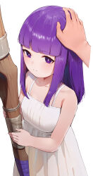 Rule 34 | 1girl, absurdres, aged down, bare shoulders, blunt bangs, blush, breasts, disembodied hand, dress, fern (sousou no frieren), headpat, highres, long hair, looking at viewer, purple eyes, purple hair, rororo, sidelocks, small breasts, solo, sousou no frieren, staff, white dress