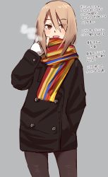 Rule 34 | 1girl, :d, black jacket, blush, breath, brown eyes, brown pantyhose, commentary request, eyes visible through hair, grey background, hair over one eye, hand in pocket, hand up, highres, jacket, kapatarou, light brown hair, long sleeves, looking at viewer, multicolored clothes, multicolored scarf, open mouth, original, pantyhose, scarf, simple background, sleeves past wrists, smile, solo, standing, translation request