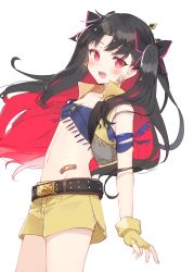 Rule 34 | 1girl, bow, breasts, fate/grand order, fate (series), gloves, hair bow, highres, ishtar (fate), long hair, looking at viewer, multicolored hair, oomori (kswmr), parted bangs, red eyes, red hair, ribbon, shirt, shorts, simple background, small breasts, solo focus, space ishtar (fate), space ishtar (second ascension) (fate), twitter username, two-tone hair, very long hair, white background, white shirt, yellow gloves